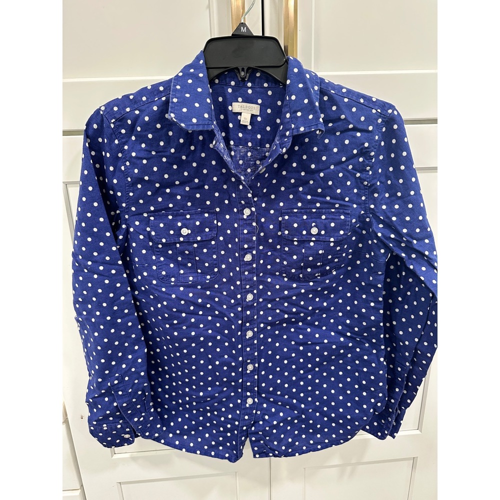 Talbots Polka‎ Dot Button Down Shirt Linen Blend Career Casual Top SP